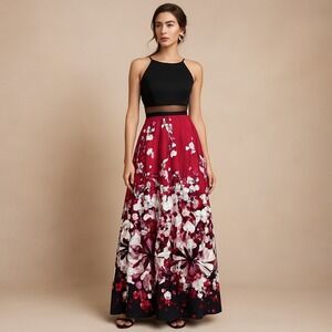 Betsy‎ & Adam Size 6 Illusion Mesh Panel Formal Gown Black Red Floral Maxi Dress